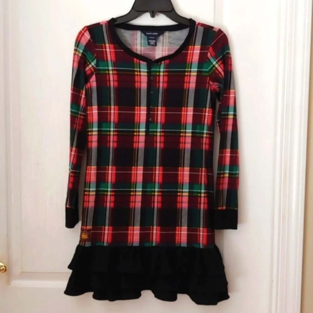 Ralph Lauren Plaid Ruffled Bottom Dress. Size Large 12-14. Holiday. Portrait